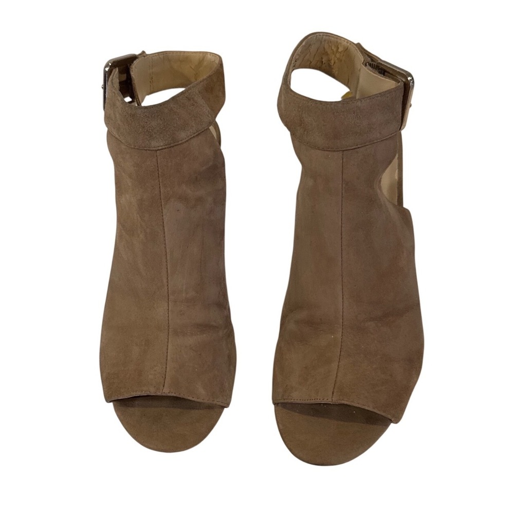 Nine West Jazzyo Woman's 9.5M Taupe Suede Peep Toe Block Heel Booties Sandals